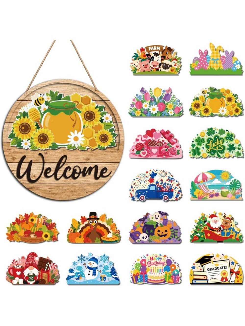 17PCS Interchangeable Welcome Sign for Front Door - Seasonal Home Decor Decorate